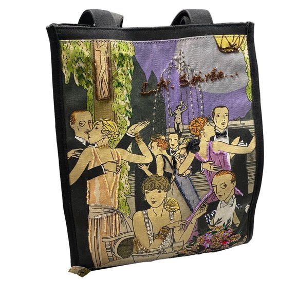 La Soiree Sequined Beaded Lined Canvas Tote Bag, 11" x 9" x 6" Gatsby Dancing - Picture 1 of 9